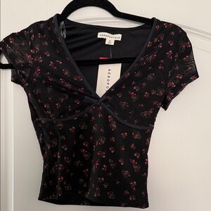 Aeropostale Black Short Sleeve V-Neck Top with Pink Floral Print